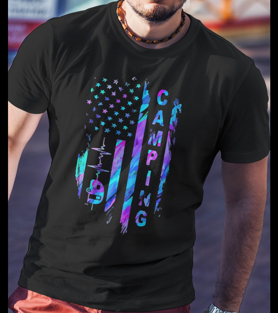 Camping American Flag Heartbeat Camper T-Shirt
