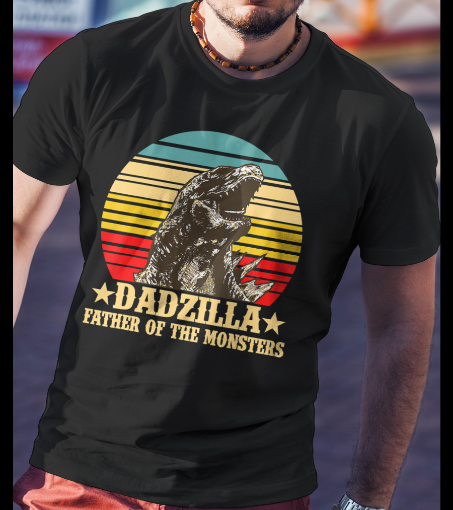 Dadzilla Father Of The Monsters Dinosaur Retro Sunset Stripe T-Shirt