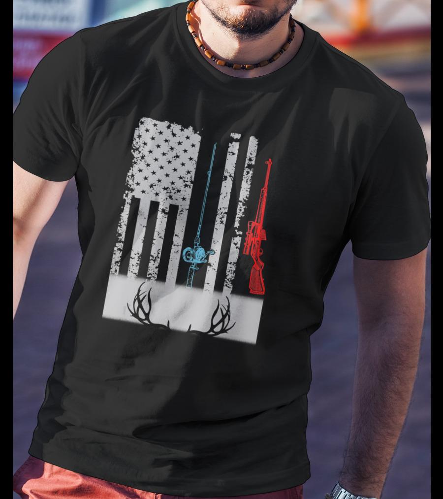 American Flag Fishing Rod Rifle Antlers T-Shirt