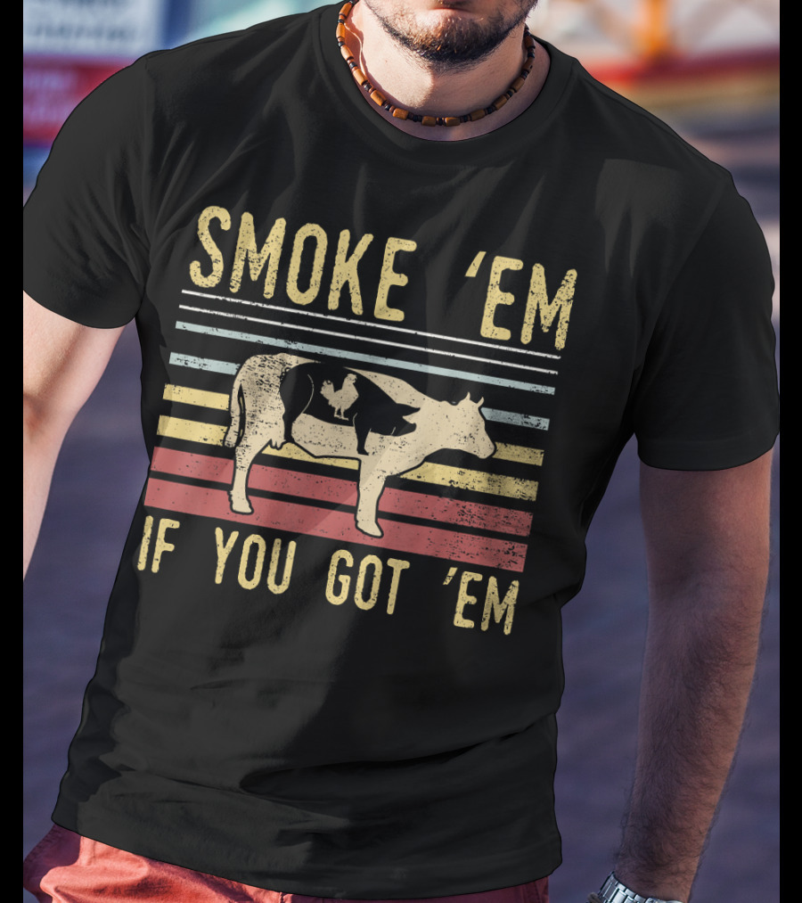 Retro BBQ Smoke 'Em If You Got 'Em Grilling Cow And Pig Silhouette Vintage Stripes T-Shirt