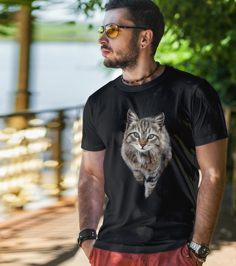 Brown Cat Green Eyes Cats Feline Realistic T-Shirt