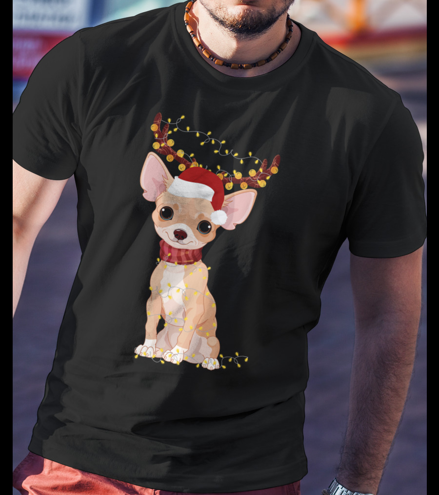 Chihuahua With Santa Hat Reindeer Antlers Christmas Lights Noel T-Shirt