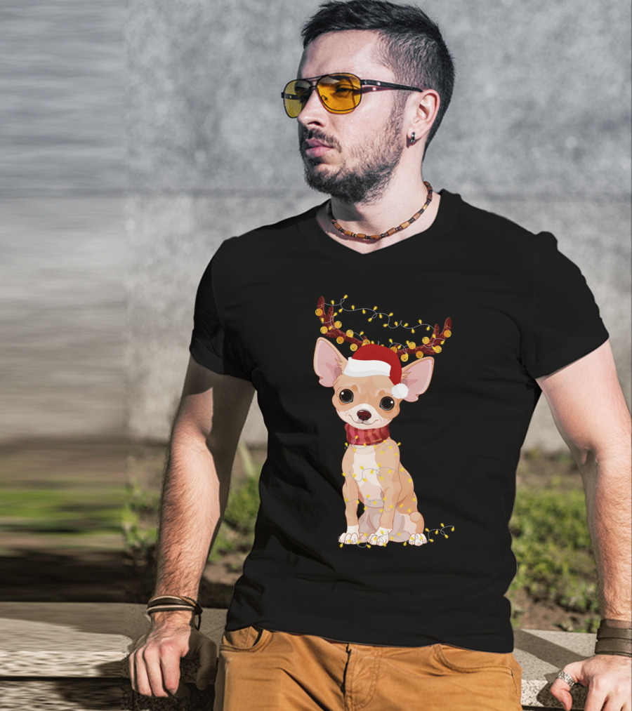 Chihuahua With Santa Hat Reindeer Antlers Christmas Lights Noel T-Shirt
