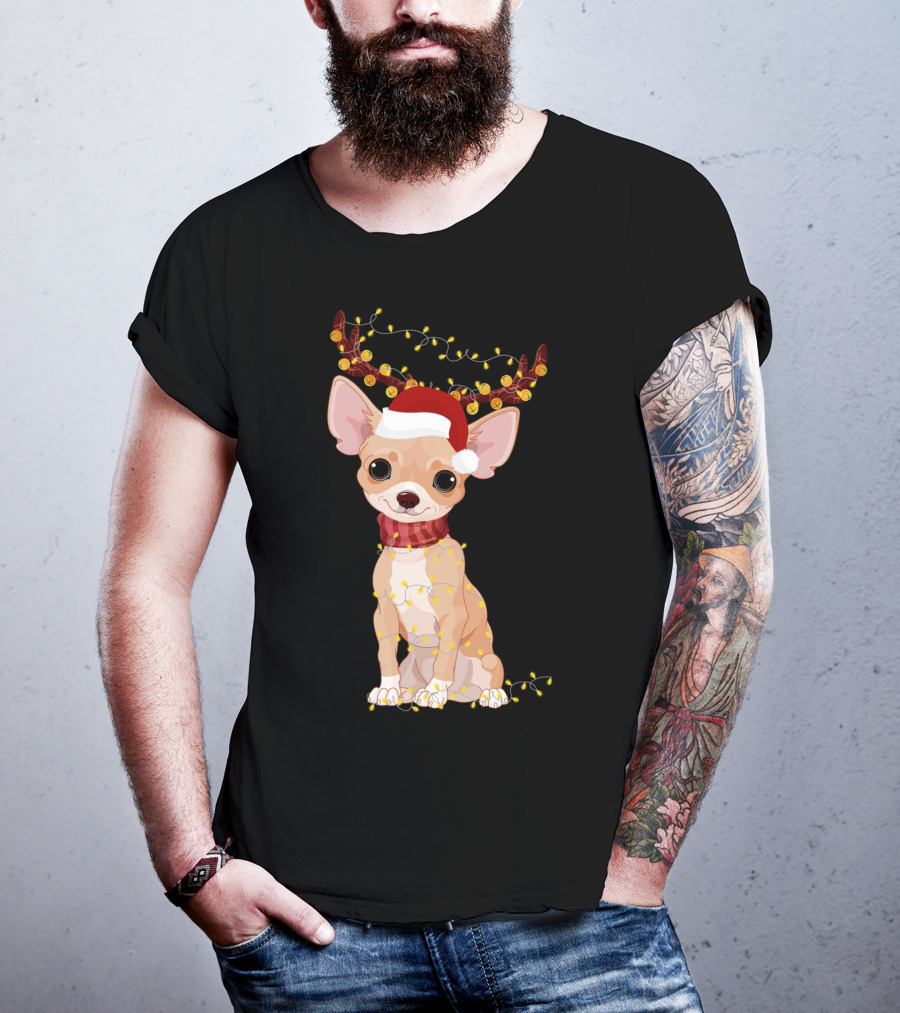Chihuahua With Santa Hat Reindeer Antlers Christmas Lights Noel T-Shirt
