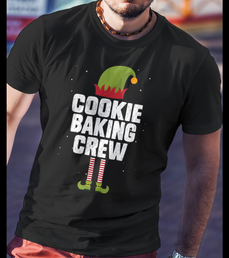 Cookie Baking Crew Christmas Elf Hat And Striped Stockings T-Shirt