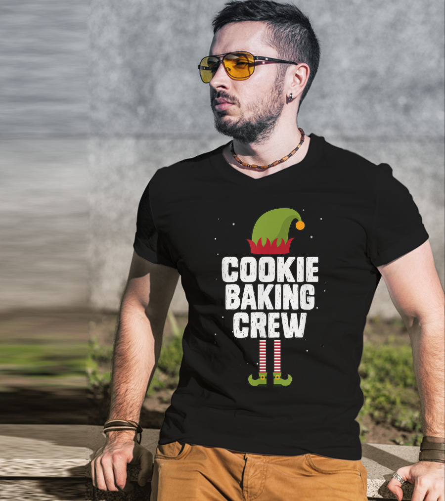 Cookie Baking Crew Christmas Elf Hat And Striped Stockings T-Shirt