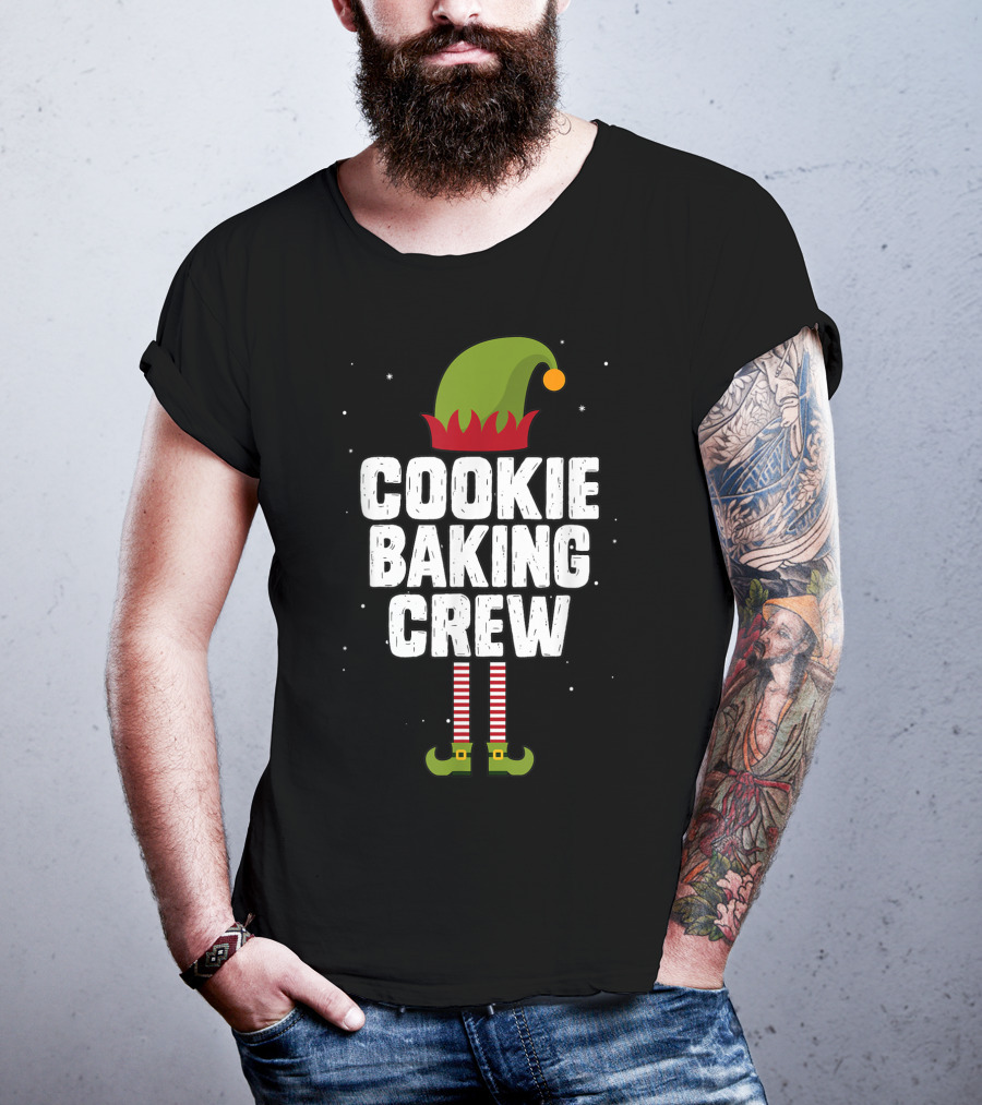 Cookie Baking Crew Christmas Elf Hat And Striped Stockings T-Shirt