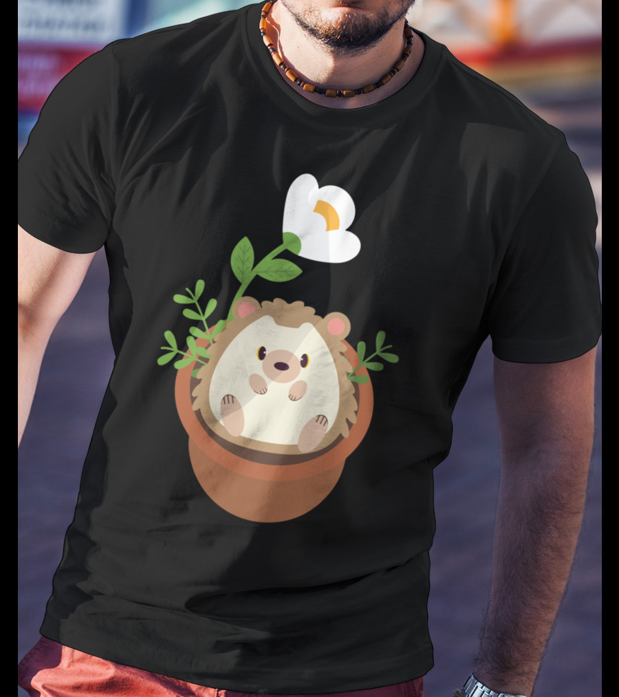 Cute Hedgehog Sitting In Flowering Plant Pot T-Shirt