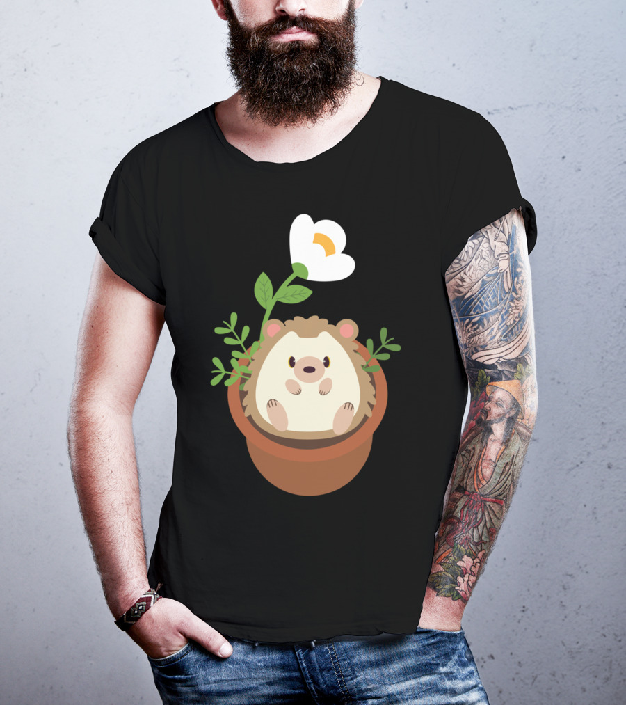 Cute Hedgehog Sitting In Flowering Plant Pot T-Shirt