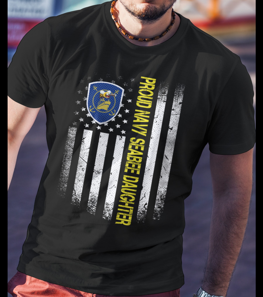 Proud Navy Seabee Daughter Black And White American Flag With Seabee Emblem T-Shirt