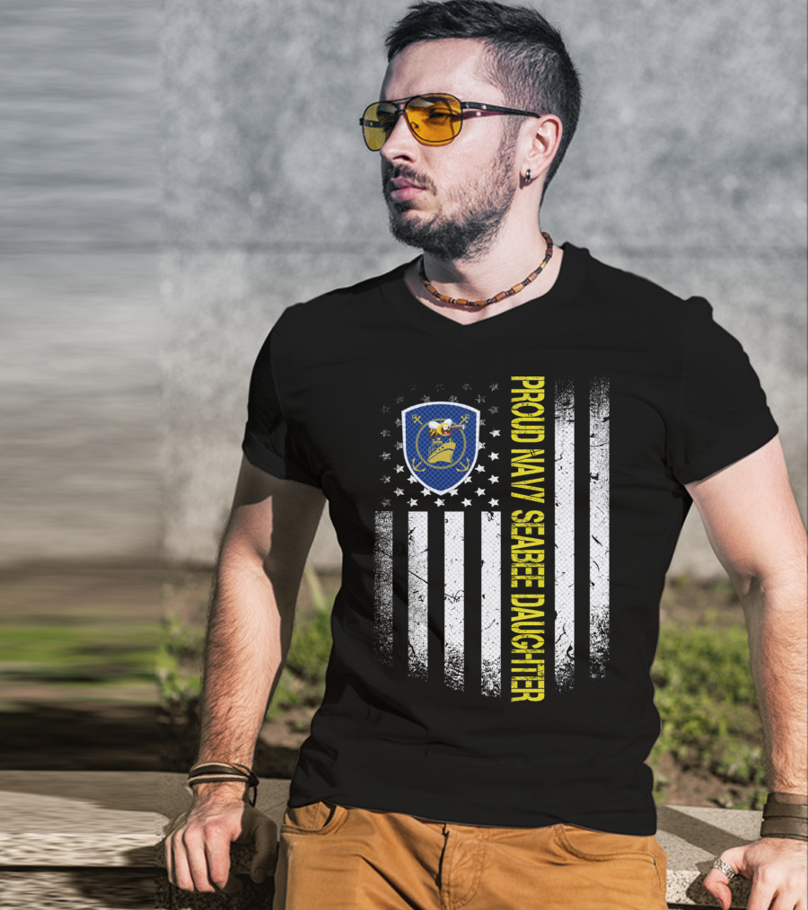 Proud Navy Seabee Daughter Black And White American Flag With Seabee Emblem T-Shirt