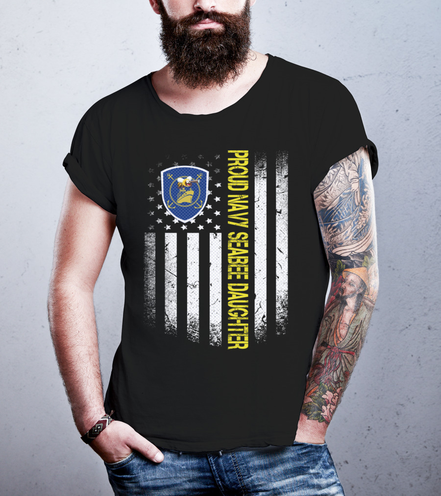 Proud Navy Seabee Daughter Black And White American Flag With Seabee Emblem T-Shirt
