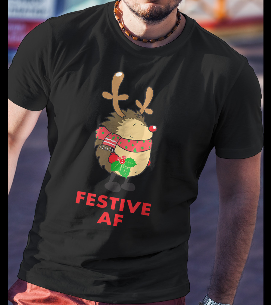 Festive AF Christmas Hedgehog With Scarf And Antlers T-Shirt