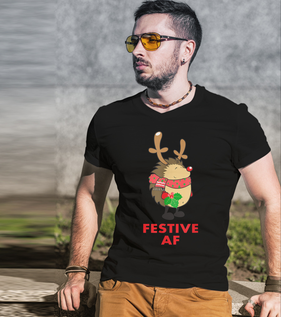Festive AF Christmas Hedgehog With Scarf And Antlers T-Shirt