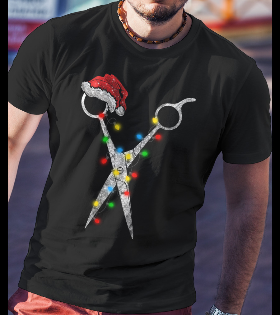 Funny Christmas Scissor Hairstylist Santa Hat Lights T-Shirt