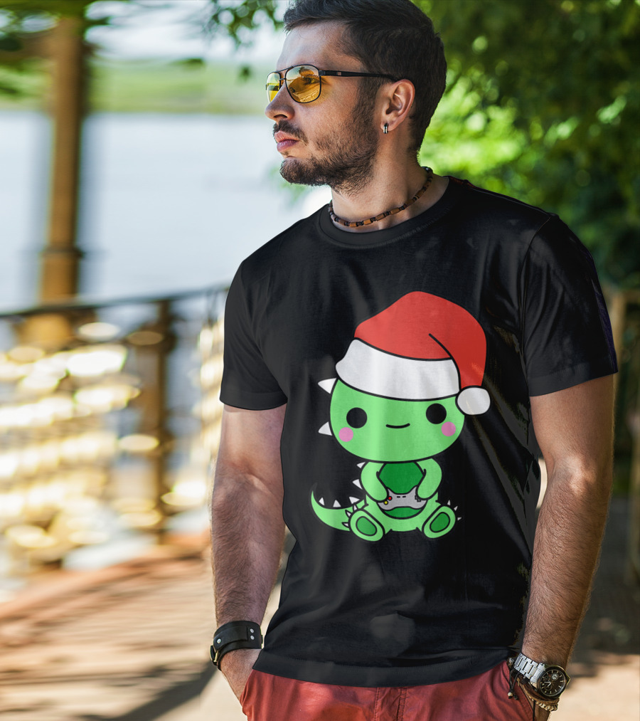 Christmas Gaming Dinosaur Santa Gamer Nerd T-Shirt