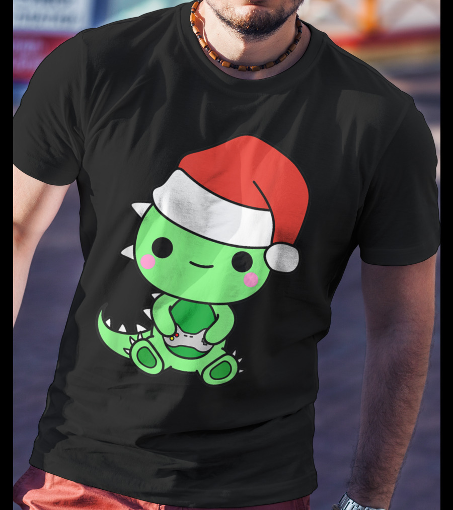 Christmas Gaming Dinosaur Santa Gamer Nerd T-Shirt