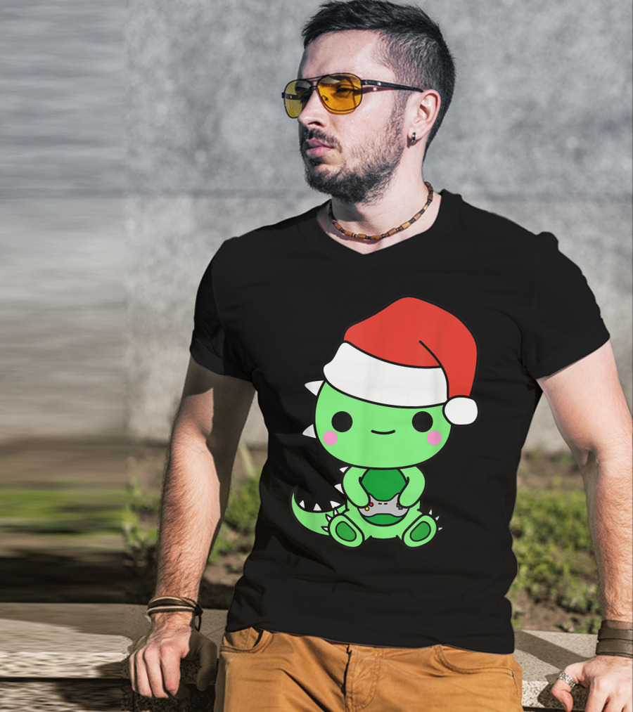 Christmas Gaming Dinosaur Santa Gamer Nerd T-Shirt