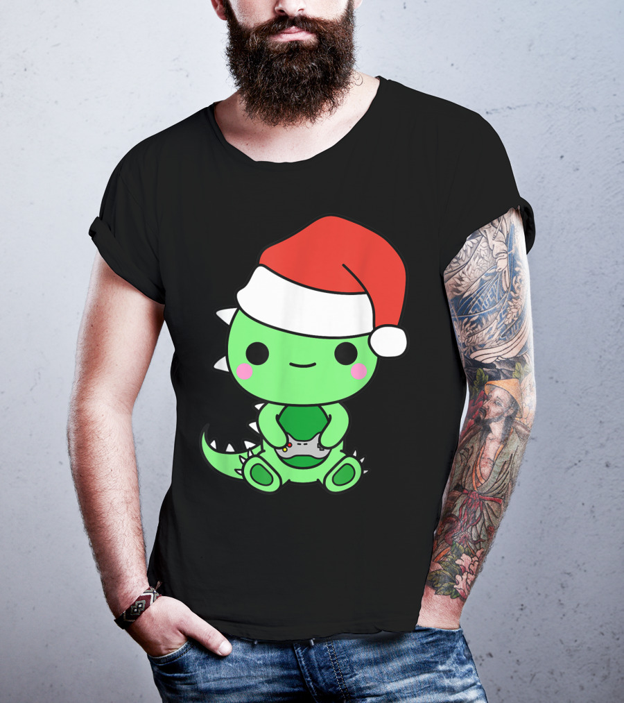 Christmas Gaming Dinosaur Santa Gamer Nerd T-Shirt