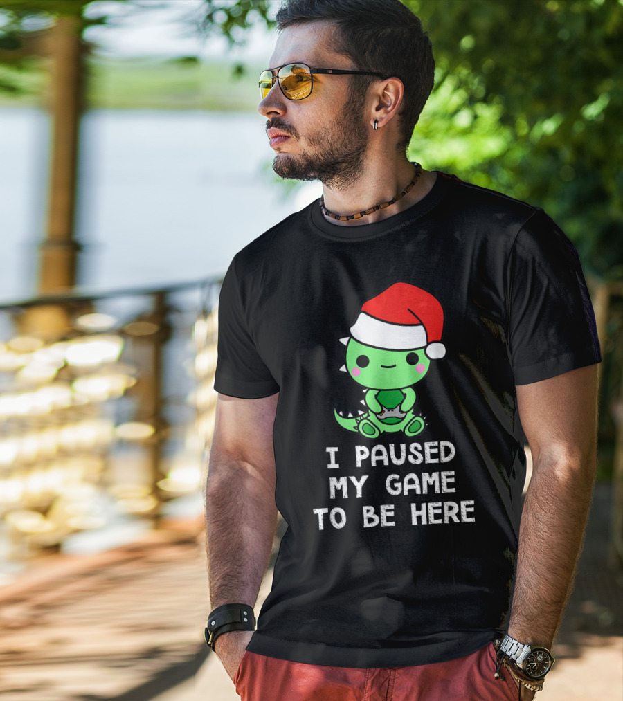 I Paused My Game To Be Here Christmas Dinosaur Gamer Santa Hat T-Shirt