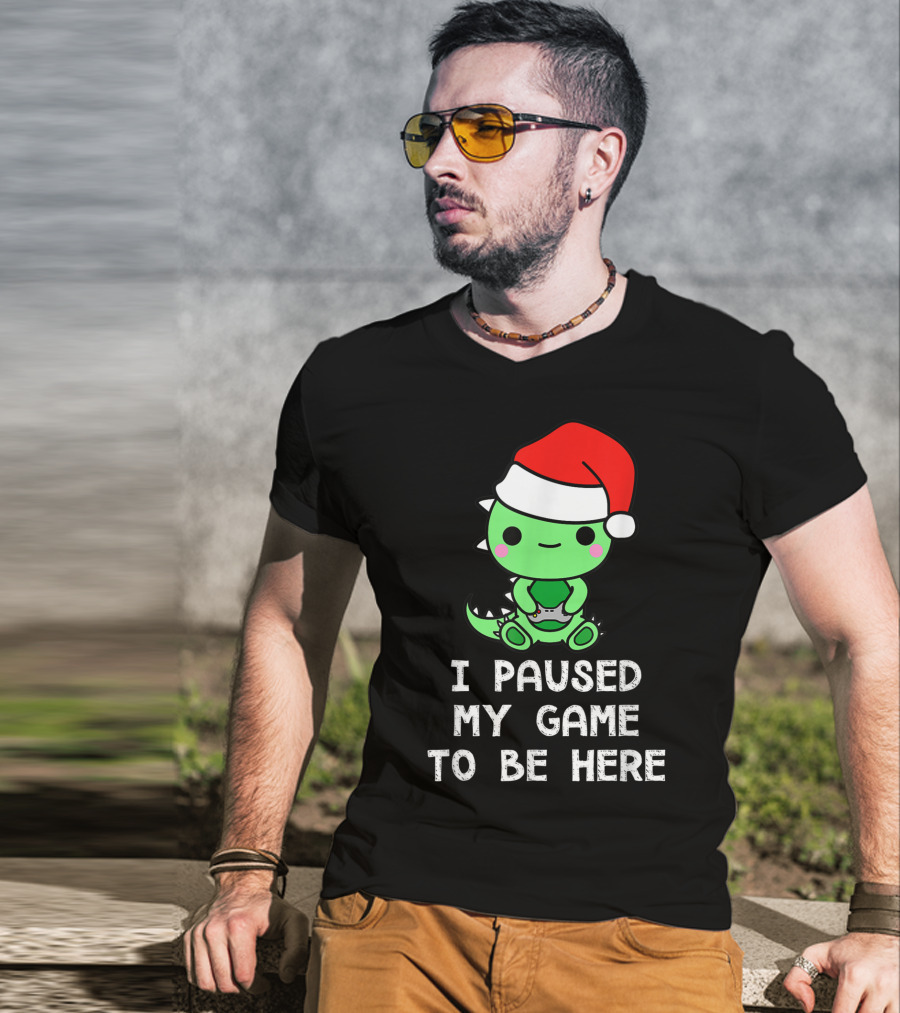 I Paused My Game To Be Here Christmas Dinosaur Gamer Santa Hat T-Shirt