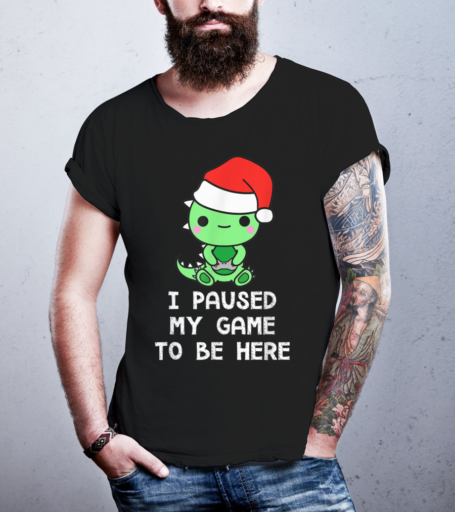 I Paused My Game To Be Here Christmas Dinosaur Gamer Santa Hat T-Shirt