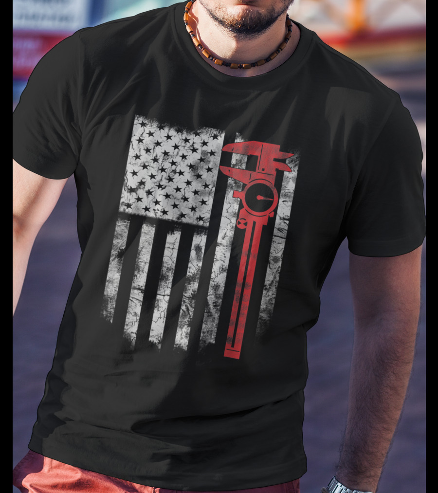 American Flag With Red Caliper For CNC Machinists T-Shirt