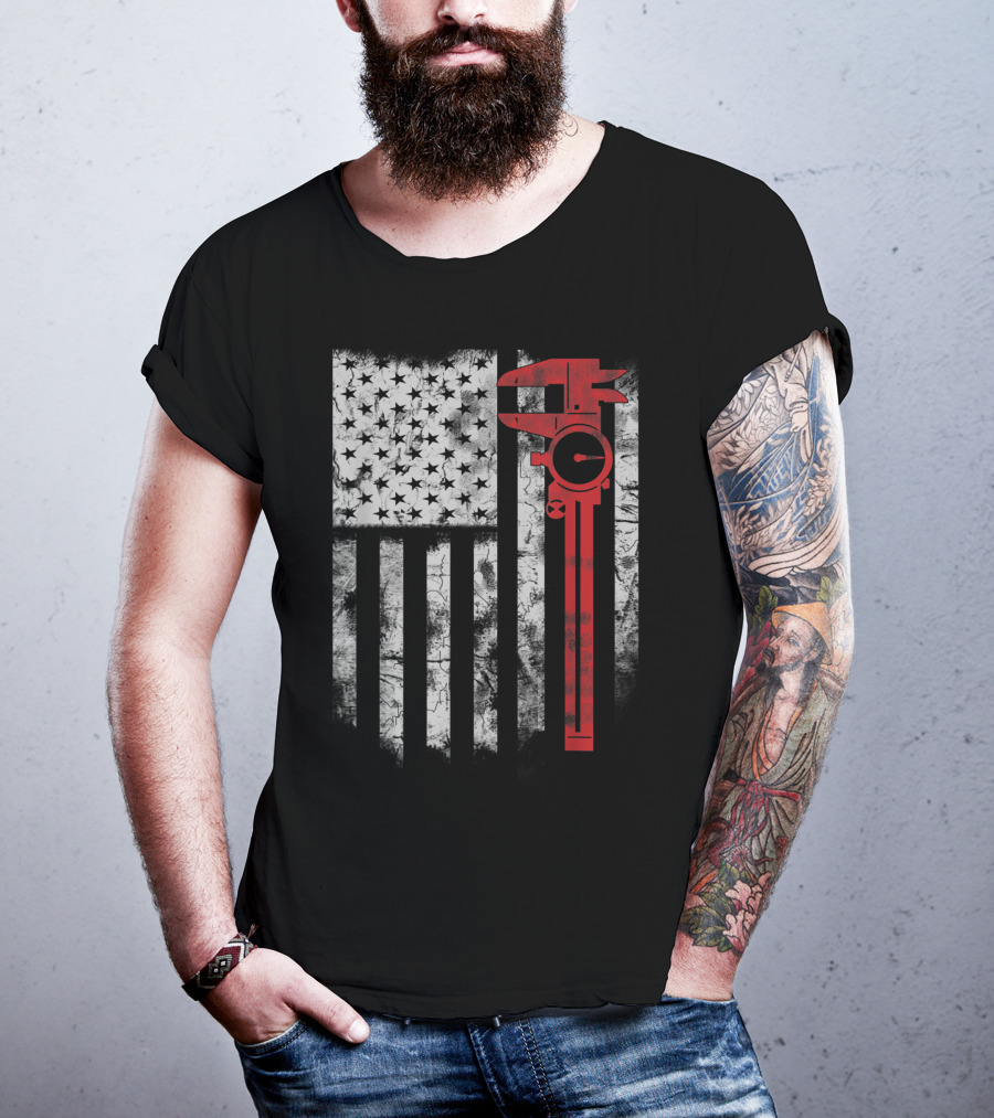 American Flag With Red Caliper For CNC Machinists T-Shirt