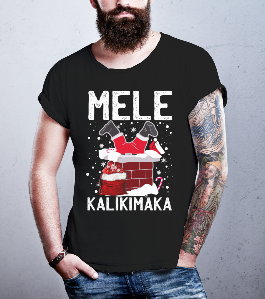 Mele Kalikimaka Santa In Chimney With Gifts Candy Cane Snowflakes Hawaiian Christmas T-Shirt