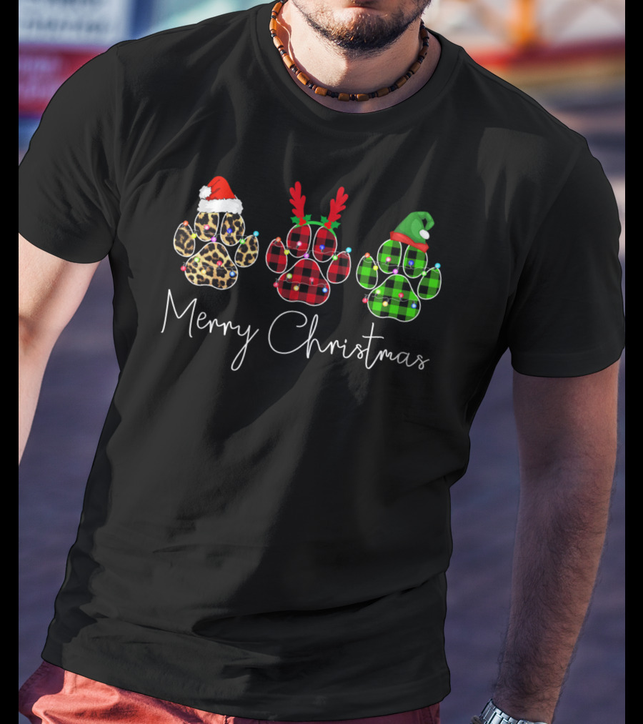 Merry Christmas Paw Dogs With Santa Hat Reindeer Antlers And Elf Hat T-Shirt