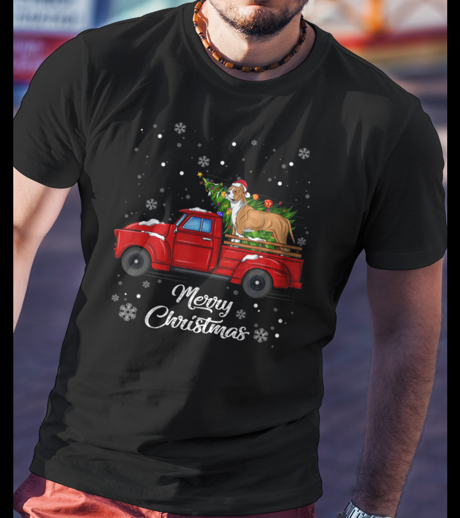 Merry Christmas Pitbull In Red Truck With Christmas Tree And Snowflakes T-Shirt