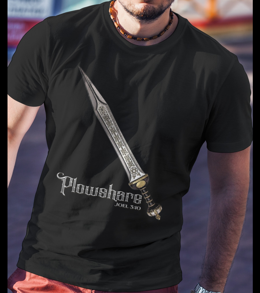 Plowshare Joel 3:10 Sword Design Red Chi Rho Brand T-Shirt