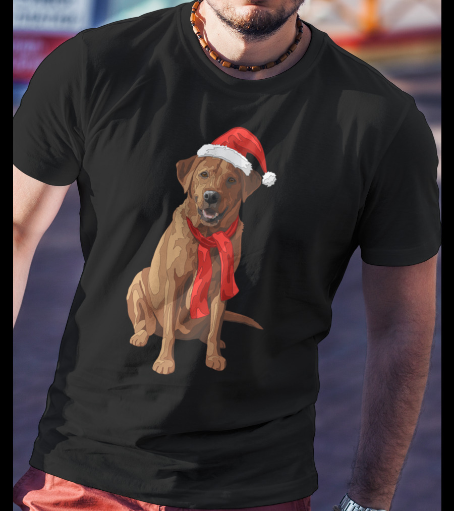 Red Labrador Retriever Dog With Christmas Santa Hat And Scarf T-Shirt