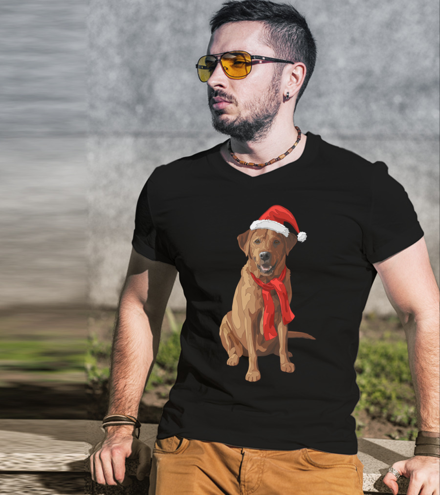 Red Labrador Retriever Dog With Christmas Santa Hat And Scarf T-Shirt