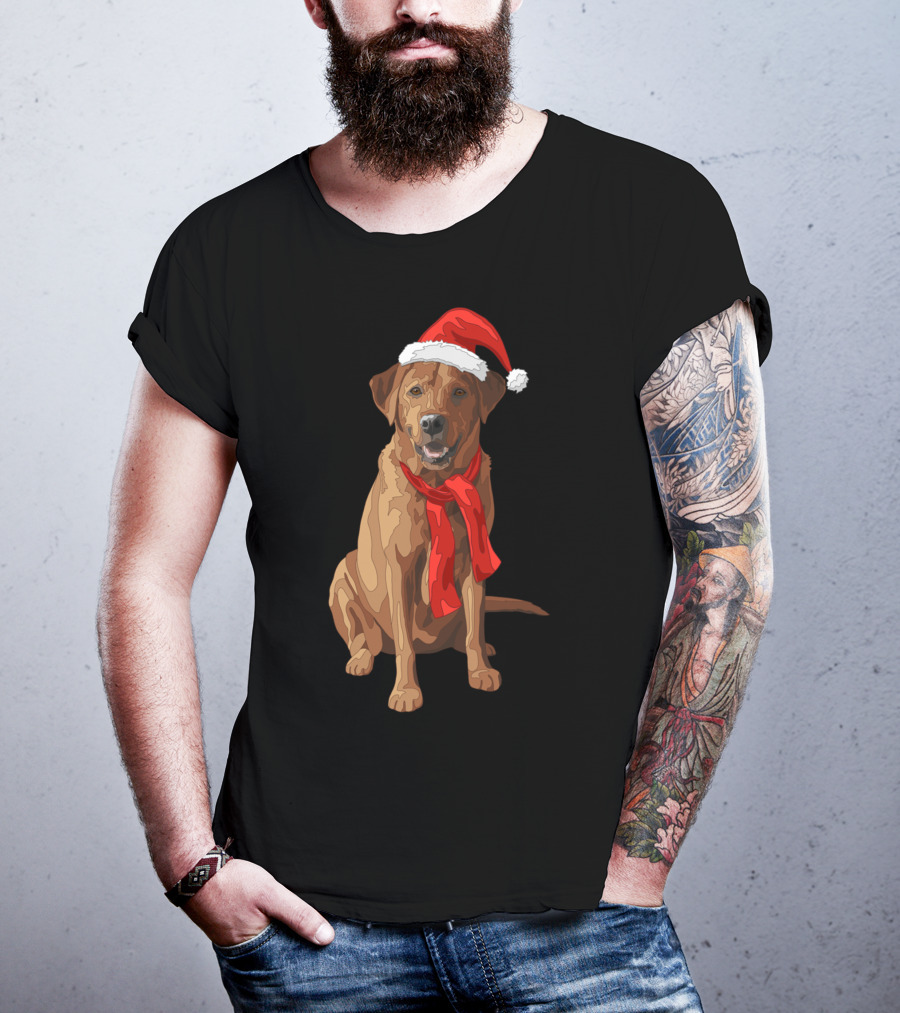Red Labrador Retriever Dog With Christmas Santa Hat And Scarf T-Shirt