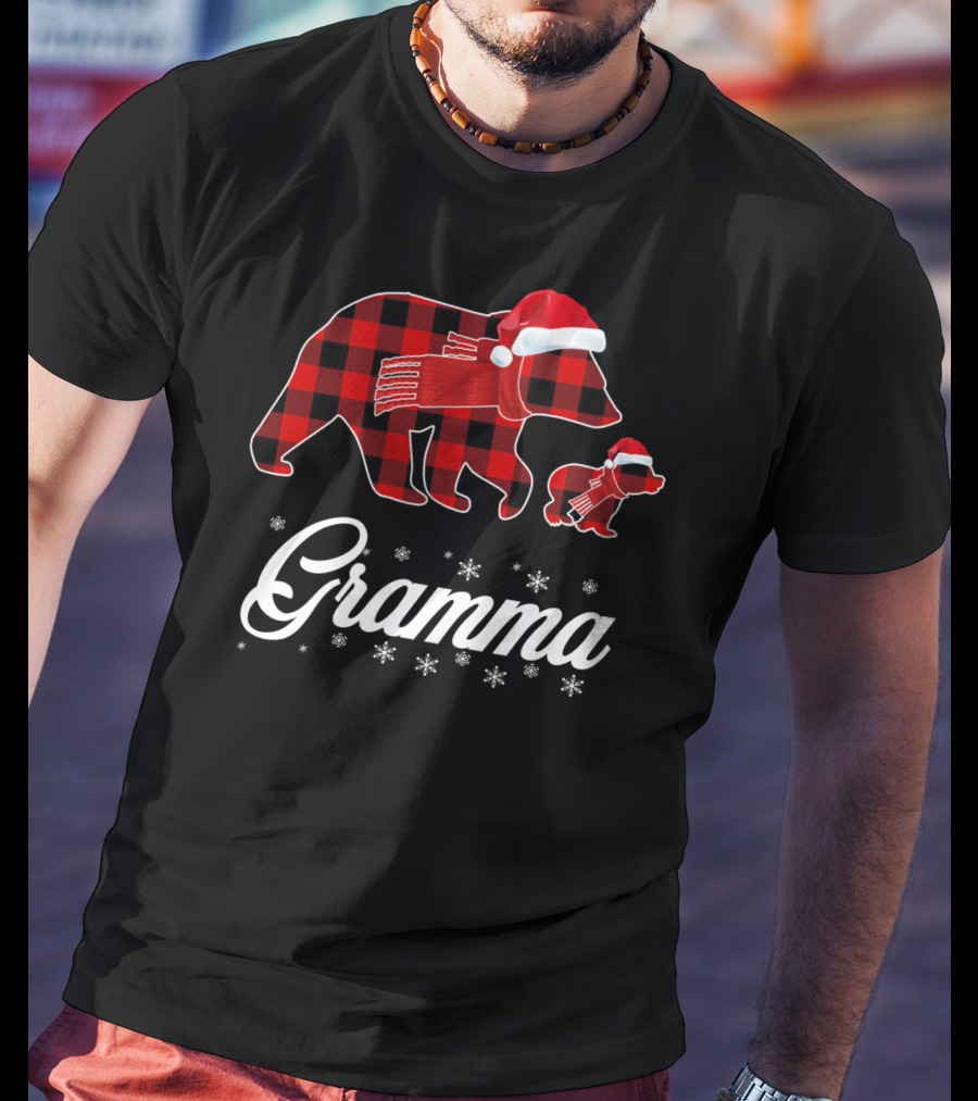 Gramma Bear Red Plaid Buffalo Check Santa Hat Snowflakes T-Shirt