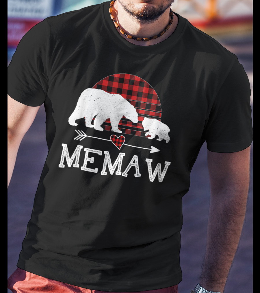 Memaw Bear With Red Plaid Buffalo Check And Heart Arrow T-Shirt