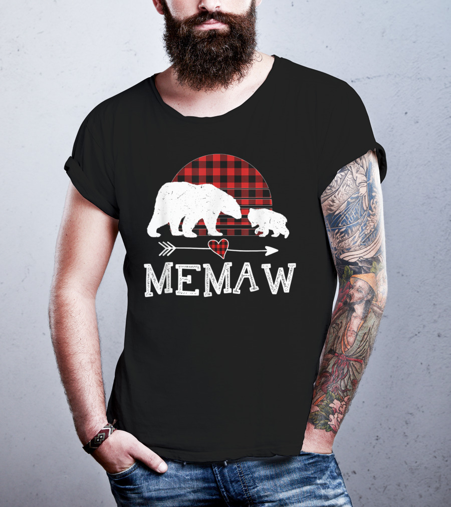 Memaw Bear With Red Plaid Buffalo Check And Heart Arrow T-Shirt