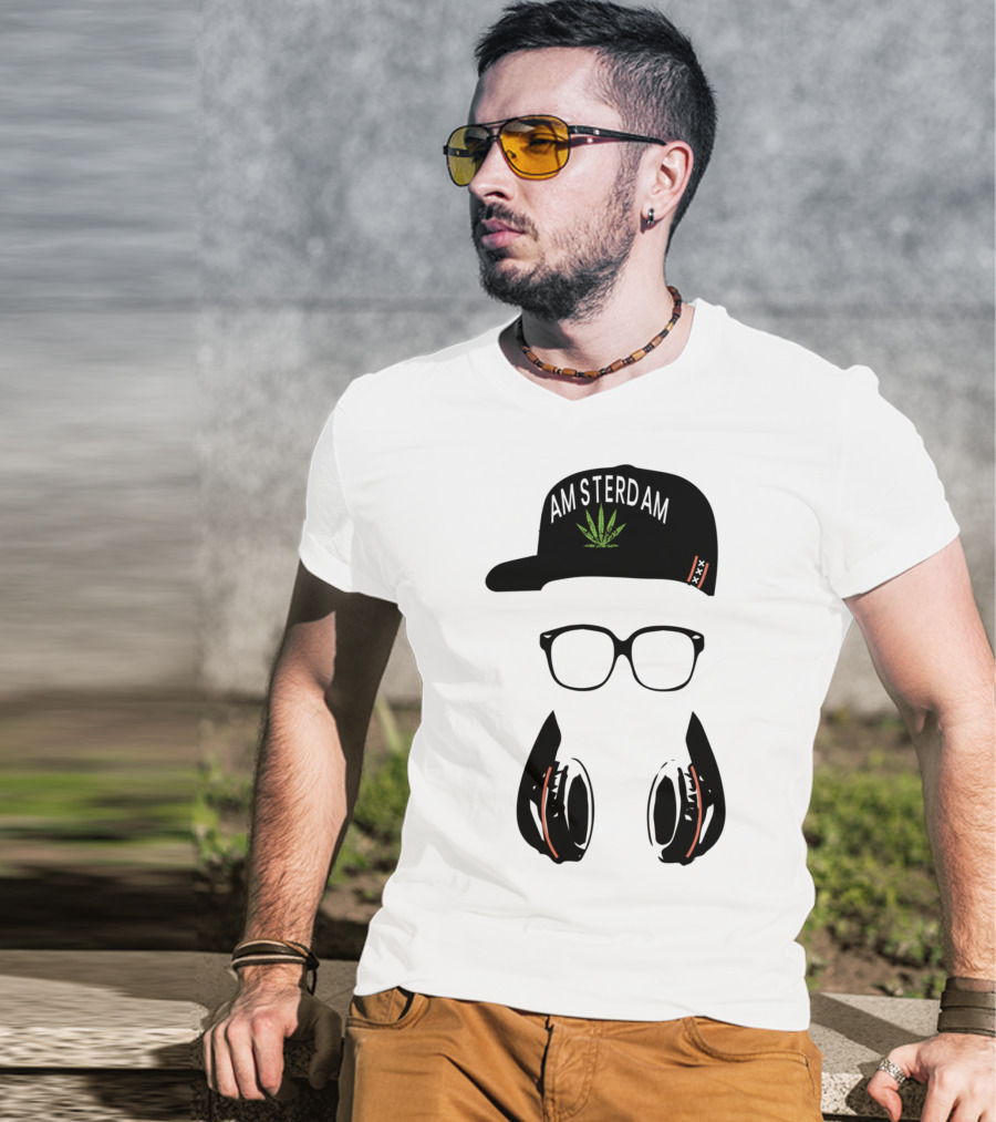 Amsterdam Holland Marijuana Souvenir Hat Glasses Headphones T-Shirt