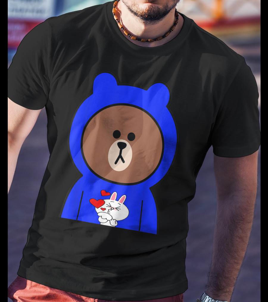 Brown Bear In Blue Hoodie With Cony Bunny Love Hearts T-Shirt