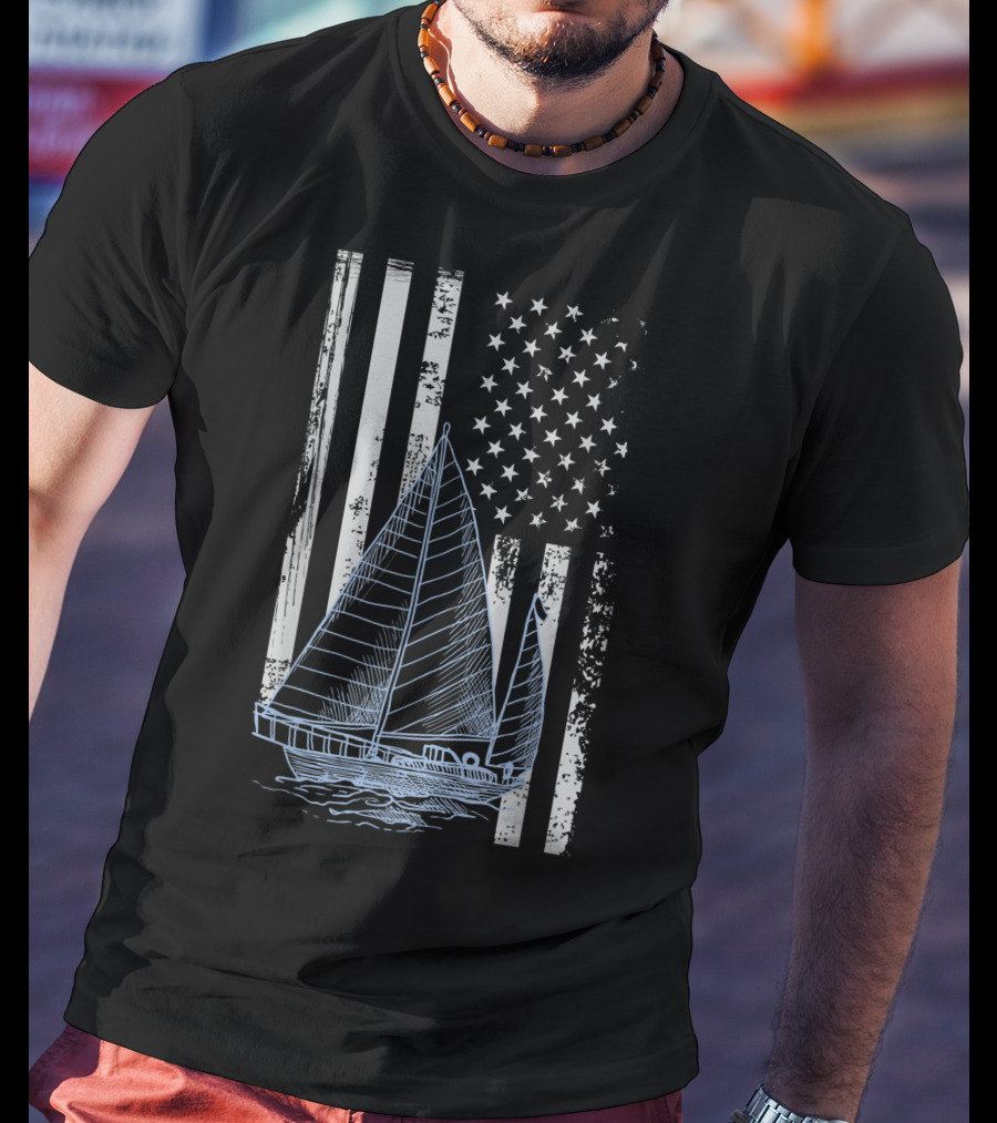 Fun Vintage Sailboat With American Flag Elements T-Shirt