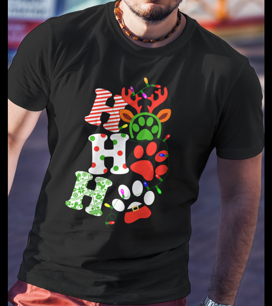 Ho Ho Ho Christmas Dog Paw Santa Lights Reindeer Antlers T-Shirt