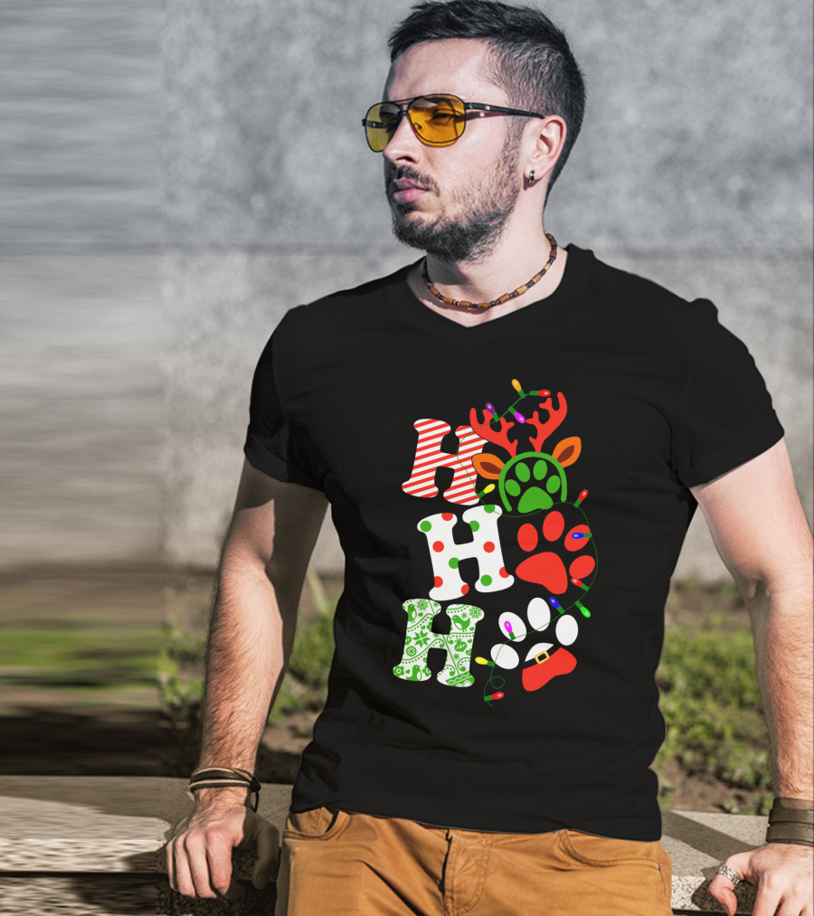 Ho Ho Ho Christmas Dog Paw Santa Lights Reindeer Antlers T-Shirt