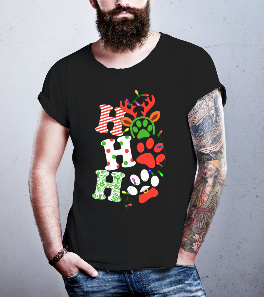 Ho Ho Ho Christmas Dog Paw Santa Lights Reindeer Antlers T-Shirt