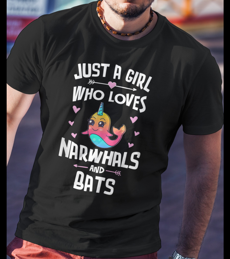 Just A Girl Who Loves Narwhals And Bats Cute Rainbow T-Shirt