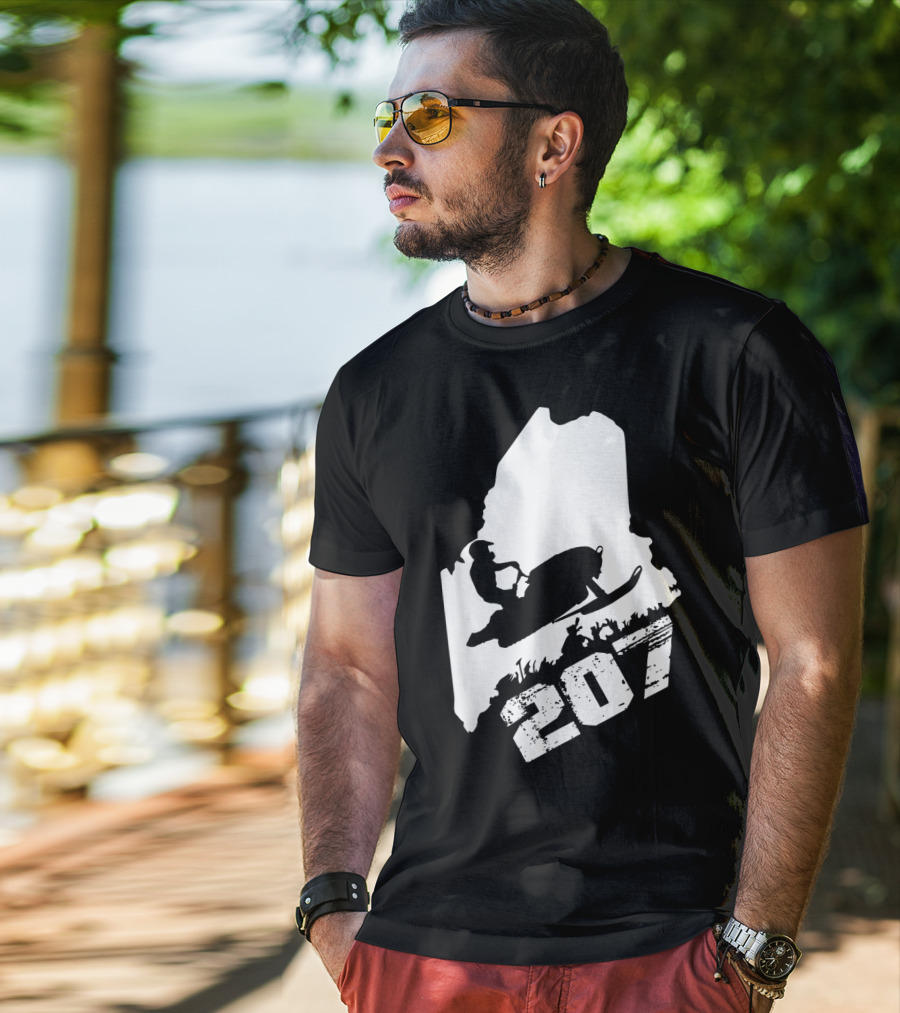 Maine 207 Snowmobile Silhouette In State Outline T-Shirt