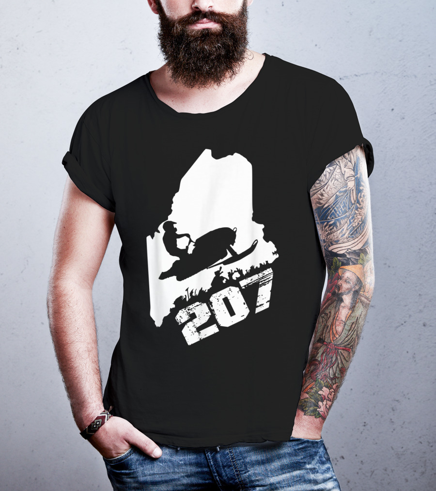 Maine 207 Snowmobile Silhouette In State Outline T-Shirt