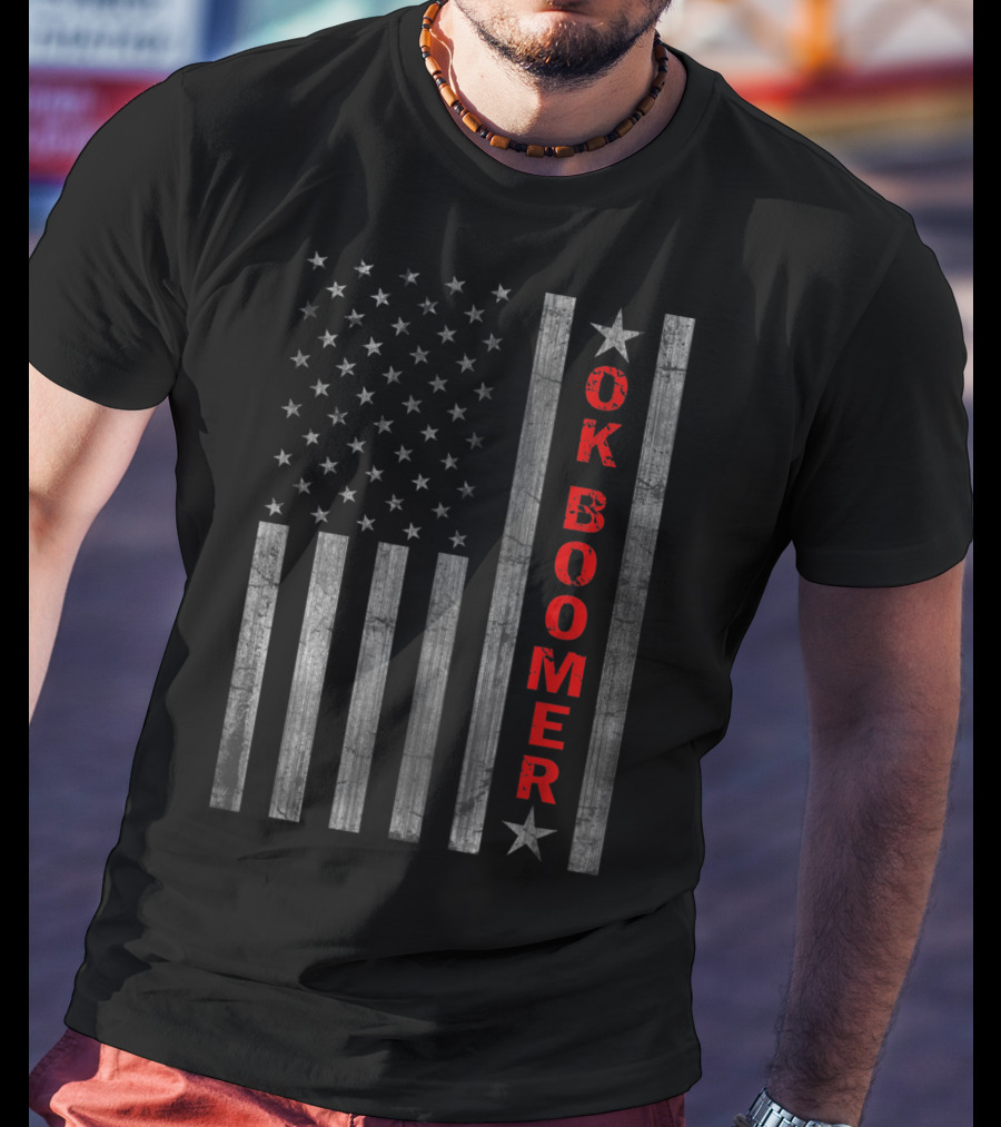 Ok Boomer Vertical Red Text On Distressed American Flag T-Shirt