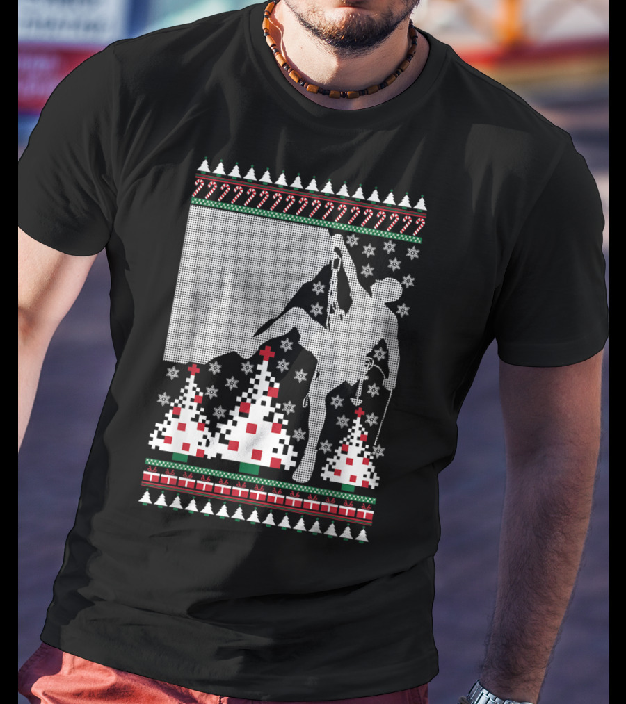 Rock Climbing Ugly Christmas Holiday Tree Pixel T-Shirt