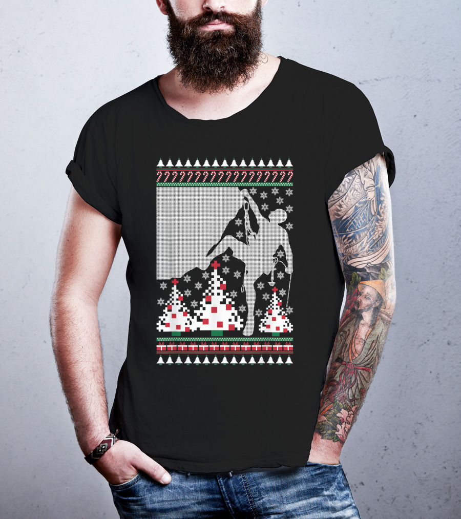 Rock Climbing Ugly Christmas Holiday Tree Pixel T-Shirt